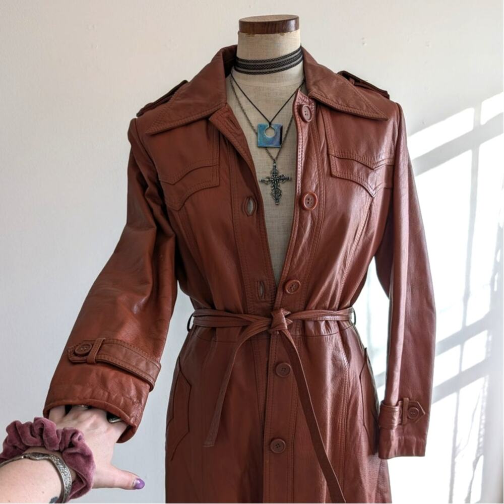 Vintage 70s Orange Brown Leather Trench Coat M Belted Western Boho Duster Jacket